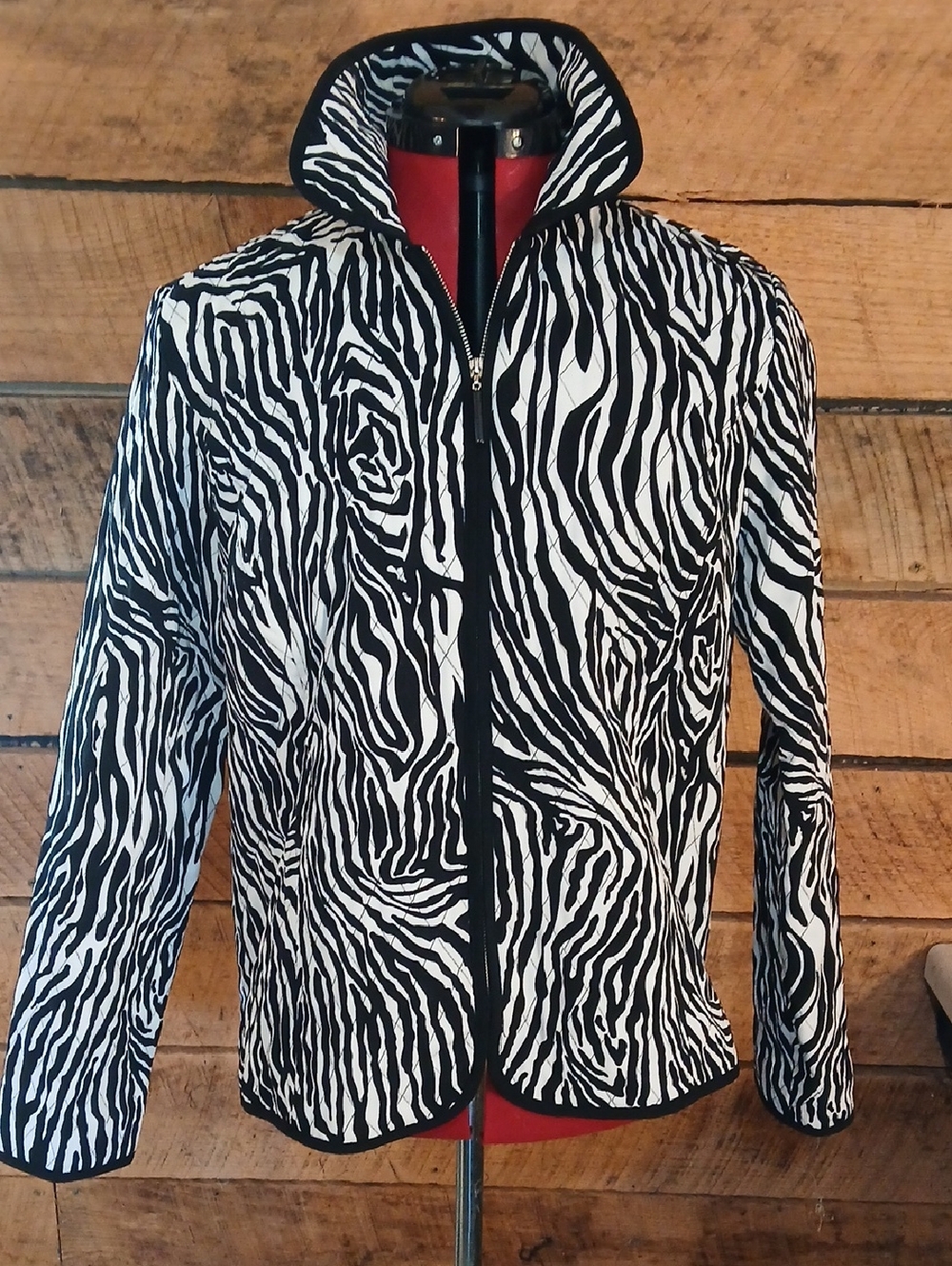 Quilted Zebra Print Women's Zip-Front Lightweight Jacket - Black & White